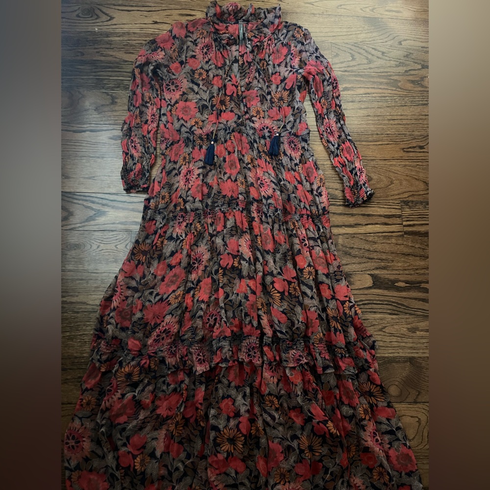 Anthropologie Red and Black Floral Chiffon Maxi Dress